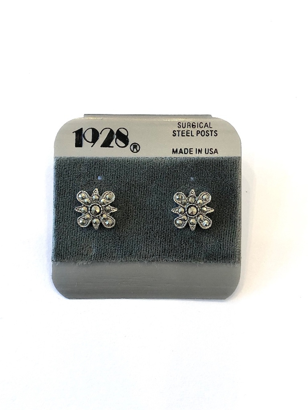 1928 Jewelry vintage silver tone and marcasite floral pierced earrings